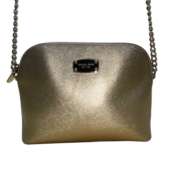 Michael Kors Metallic Gold  Tone Chain Strap & Logo Plate Crossbody Bag Sz M - Picture 1 of 12